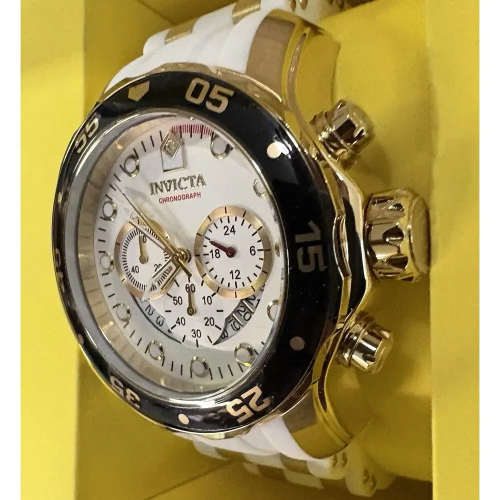 Invicta Mens Pro Diver SCUBA Chronograph 18Kt Gold Silver Dial White Strap Watch